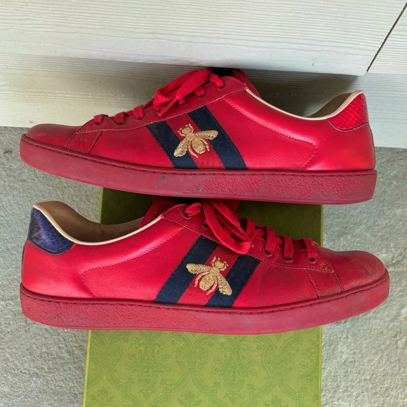 Gucci Ace Red Leather with Gold Insect Embroidery Sneakers for Men 🔥 - Picture 4 of 9